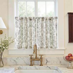 jinchan Small Window Curtains 30 Inch Linen Floral Curtain Set for Kitchen Bathroom Cafe Curtains Light Filtering Window Treatment Farmhouse Cottagecore Back Tab Drapes 2 Panels Grey on Beige