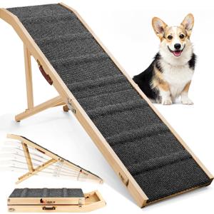 Dog Ramp for Bed, L64 W17 Foldable Pet Ramp for Small Large Dogs Cats, Dog Ramps for High Beds Car, High Traction with Platform 6 Adjustable Heights 24" to 30" Up to 220LBS, Wood (Black, 64"X 17")