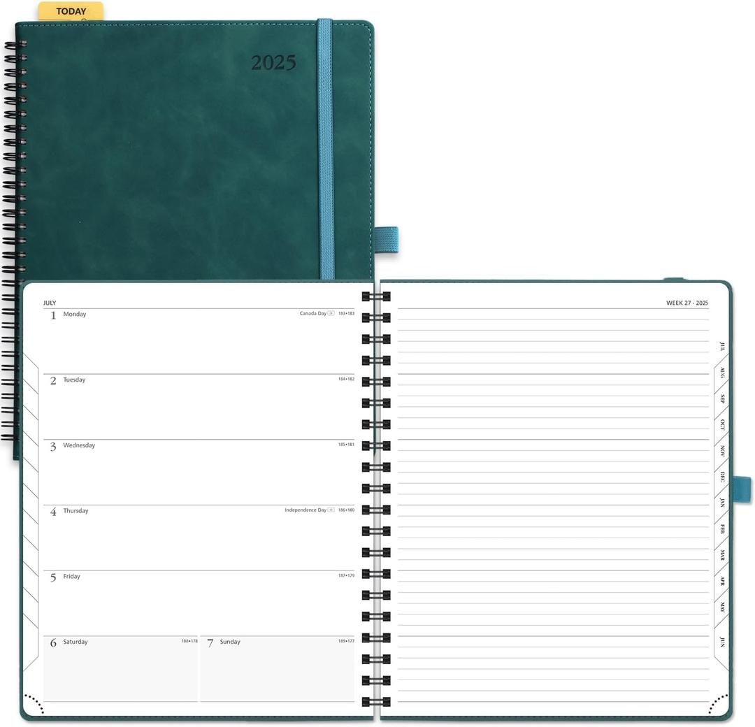POPRUN 2025 Planner Weekly Notebook Calendar [Large Size 8.5'' x 10.5''] - Agenda 2025 Appointment Book with Monthly Tabs, Spiral Soft Cover, Inner Pocket, 100 GSM - Petrol (Large-8.5'' x 10.5'', Petrol)