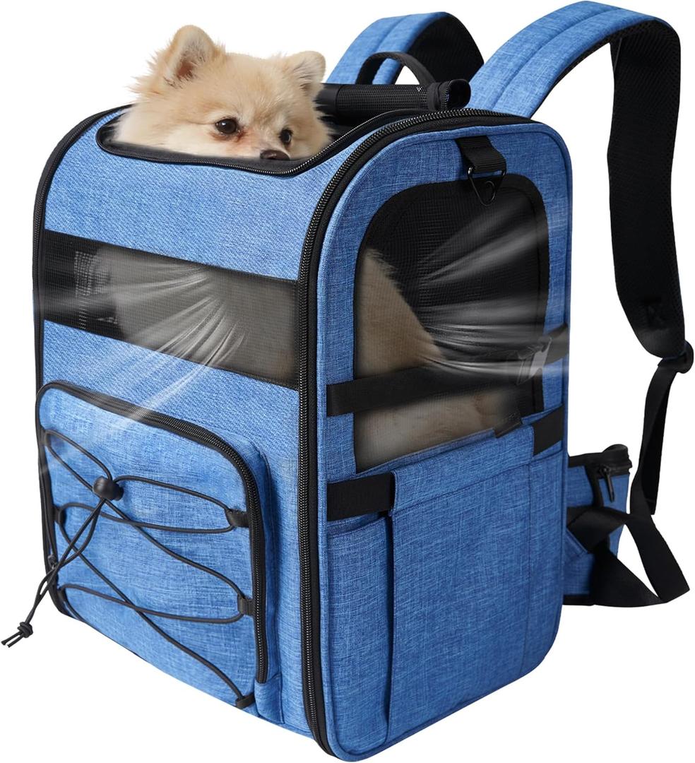 Dog Carrier Backpack for Small Dogs - Breathable Mesh Hiking Bag with Safety Buckle, Adjustable Straps and Standard Pad - Durable for Hiking (Fits Small Cats Too, Up to 17lbs, Blue)
