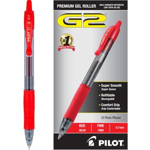 Pilot G2 Premium Gel Roller Pens, Fine Point 0.7 mm, Red Pens, Pack of 12 - Ideal for School, Journaling & Office Writing
