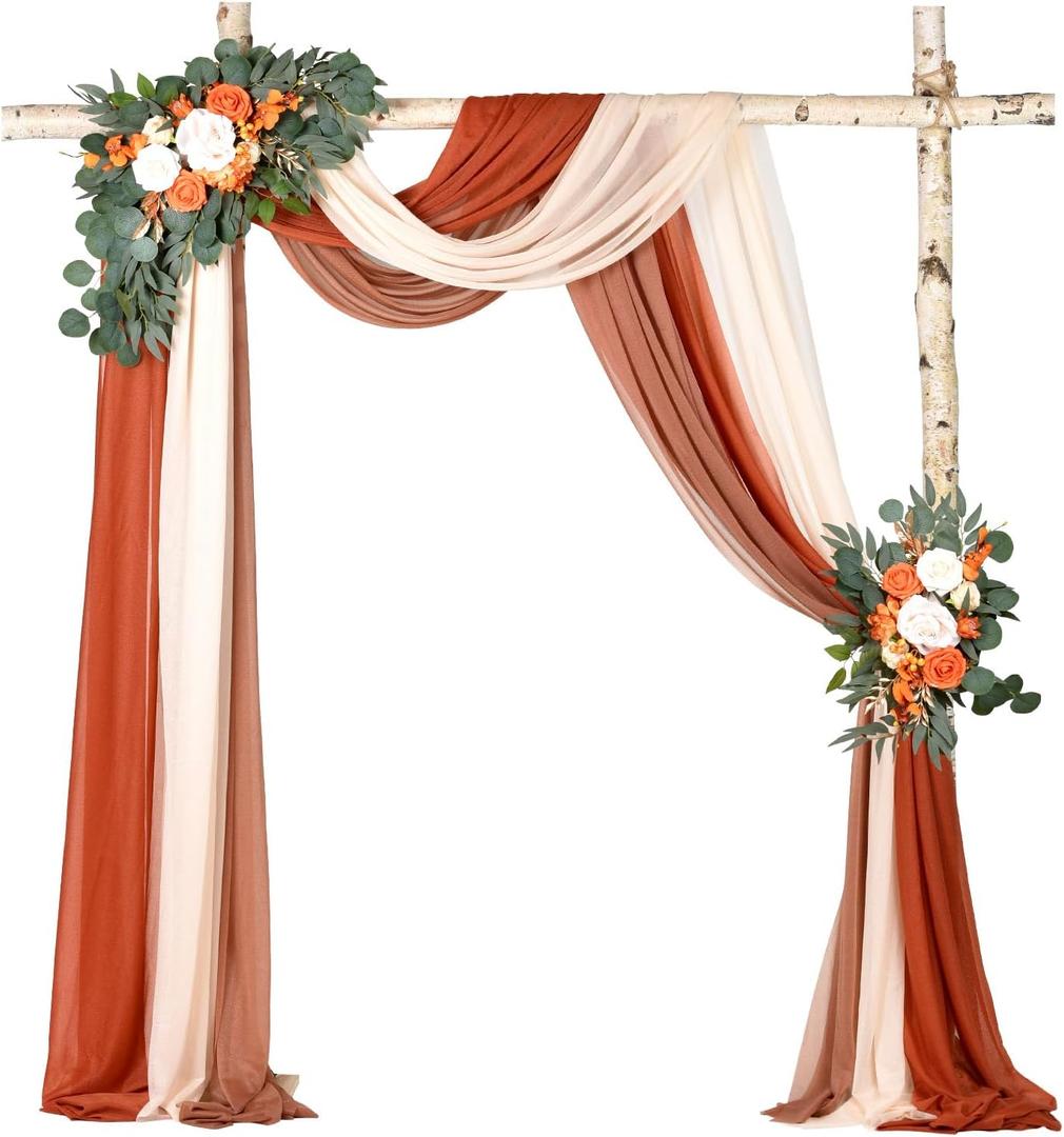 DearHouse 3 Panel Wedding Arch Draping Fabric, 29.5" x18Ft Pearl Fabric Drapes for Wedding Sheer Backdrop (Champagne+Terracotta+Caramel)