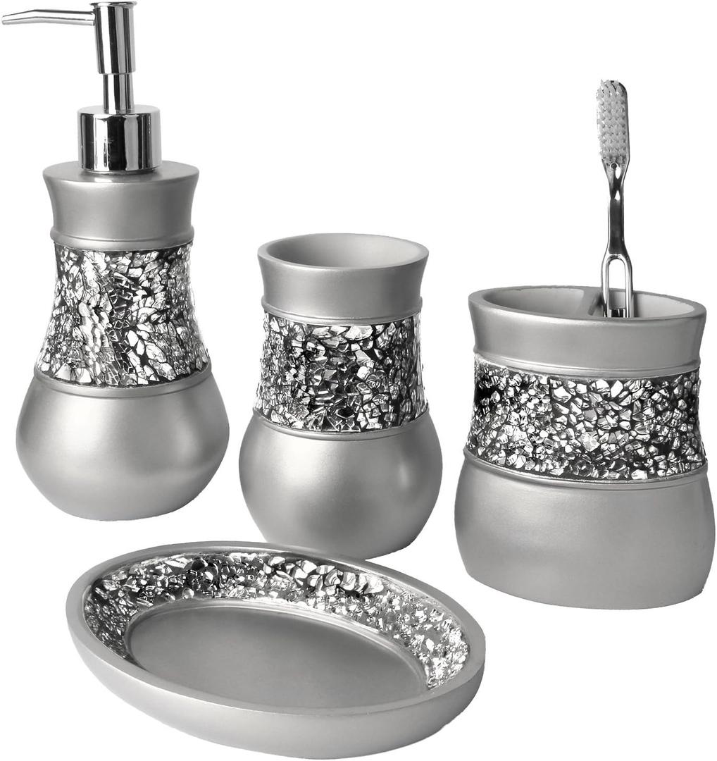 Creative Scents Crackled Glass Silver Bathroom Accessory Set - 4 Piece Bathroom Sets Accessories Included: Soap Dispenser, Toothbrush Holder, Tumbler and Soap Dish