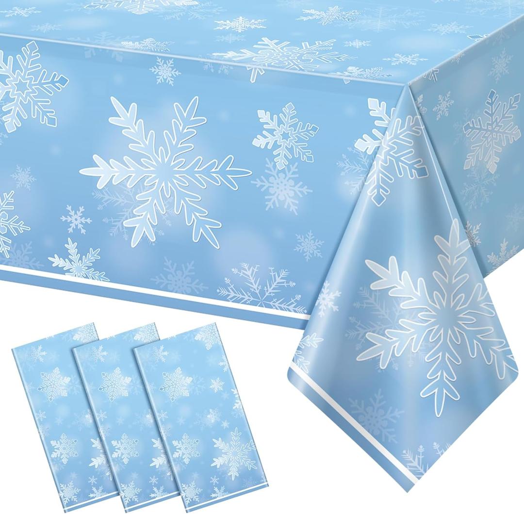 3 Pack Winter Snowflake Plastic Tablecloth Decorations, Light Blue Snowflake Winter Wonderland Disposable Table Cover for Christmas Holiday New Year Party Supplies Decorations, 54 x 108 Inch