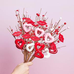 3 x DN DECONATION Valentine's Day Gifts Valentines Day Decorations 6Pcs Pink Red Heart Shaped Berry Picks, Artificial Flowers Floral Arrangement Stems for Valentines Day Wedding Gifts Home Decor