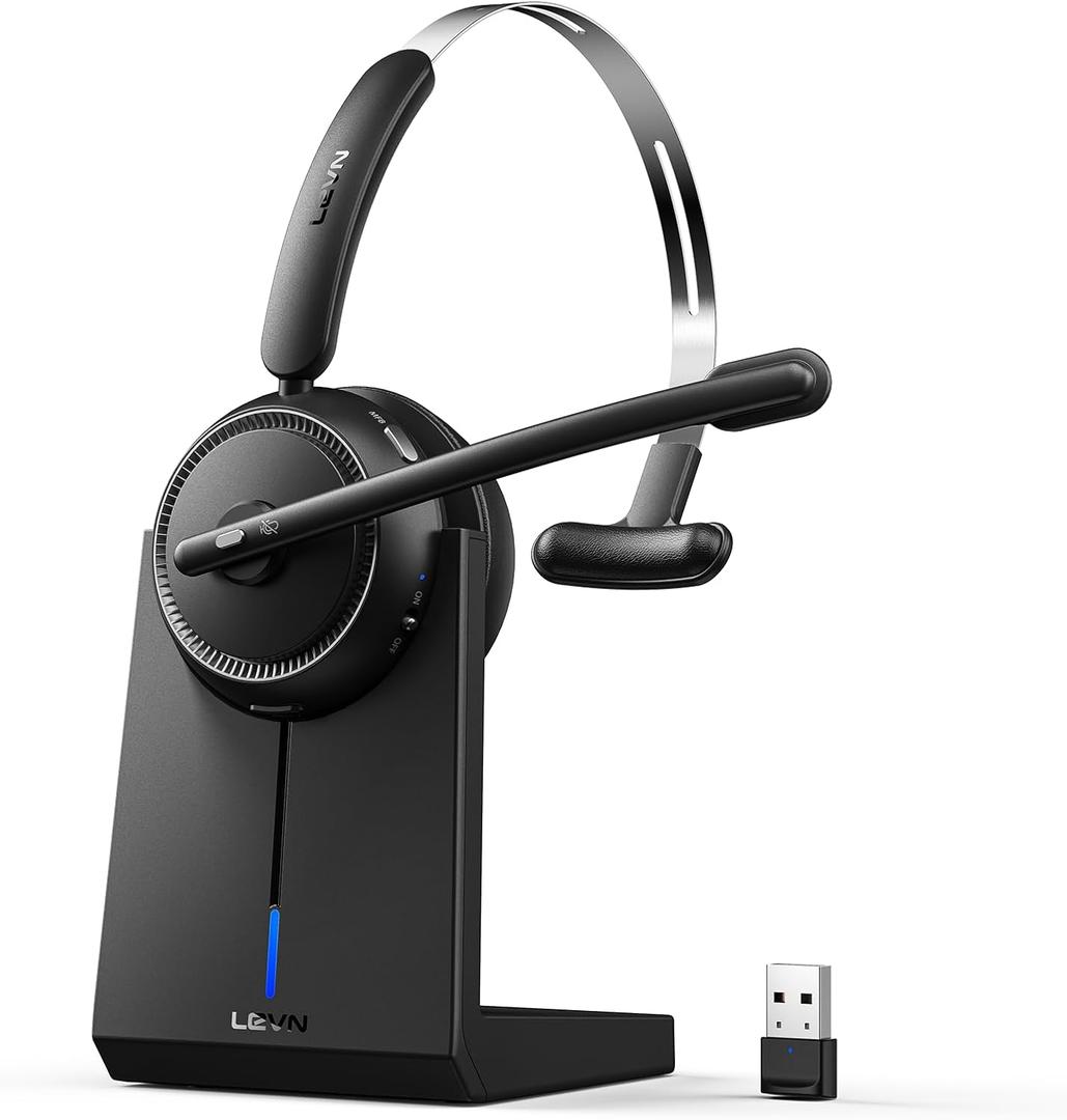 LEVN Wireless Headset with Mic - Noise Cancelling, 65 Hrs Playtime & Mute Button, Charging Base - Ideal for Call Center/Work from Home