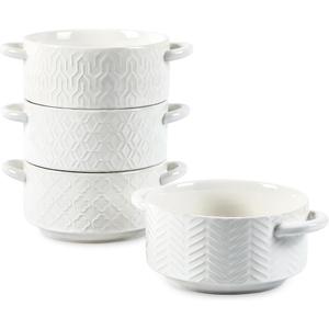 Sureasy 20 oz Soup Bowls with Handles, Ceramic French Onion Soup Bowls, Oven Safe Soup Crocks for Beef Stew, Chili, Cereal, Pot Pies, Embossed Serving Bowls Set of 4, Gift, White