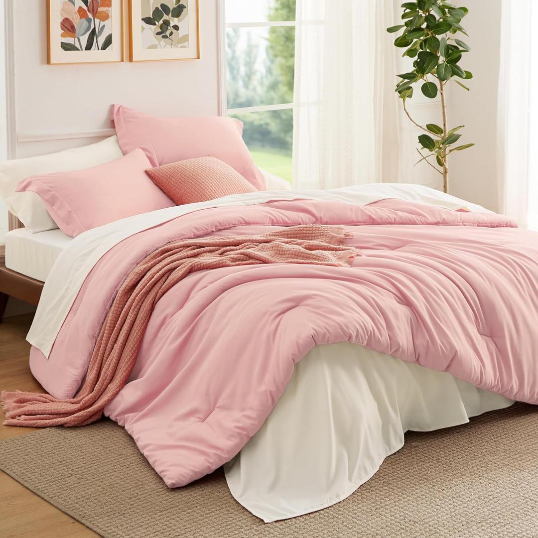 Bedsure Twin Comforter Set - 5 Pieces Pink Twin Bedding Set for All Seasons, Boho Contrasting Design Bed in a Bag with Comforter, Sheets, Pillowcase & Sham (14 - Light Pink/Ivory)
