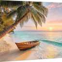 Coastal Beach Canvas Wall Art: Sunset Ocean Wave Picture Tropical Palm Tree Painting Sea Seaside Boat Prints Modern Seascape Artwork for Bathroom Bedroom Living Room, 36"L x 24"W