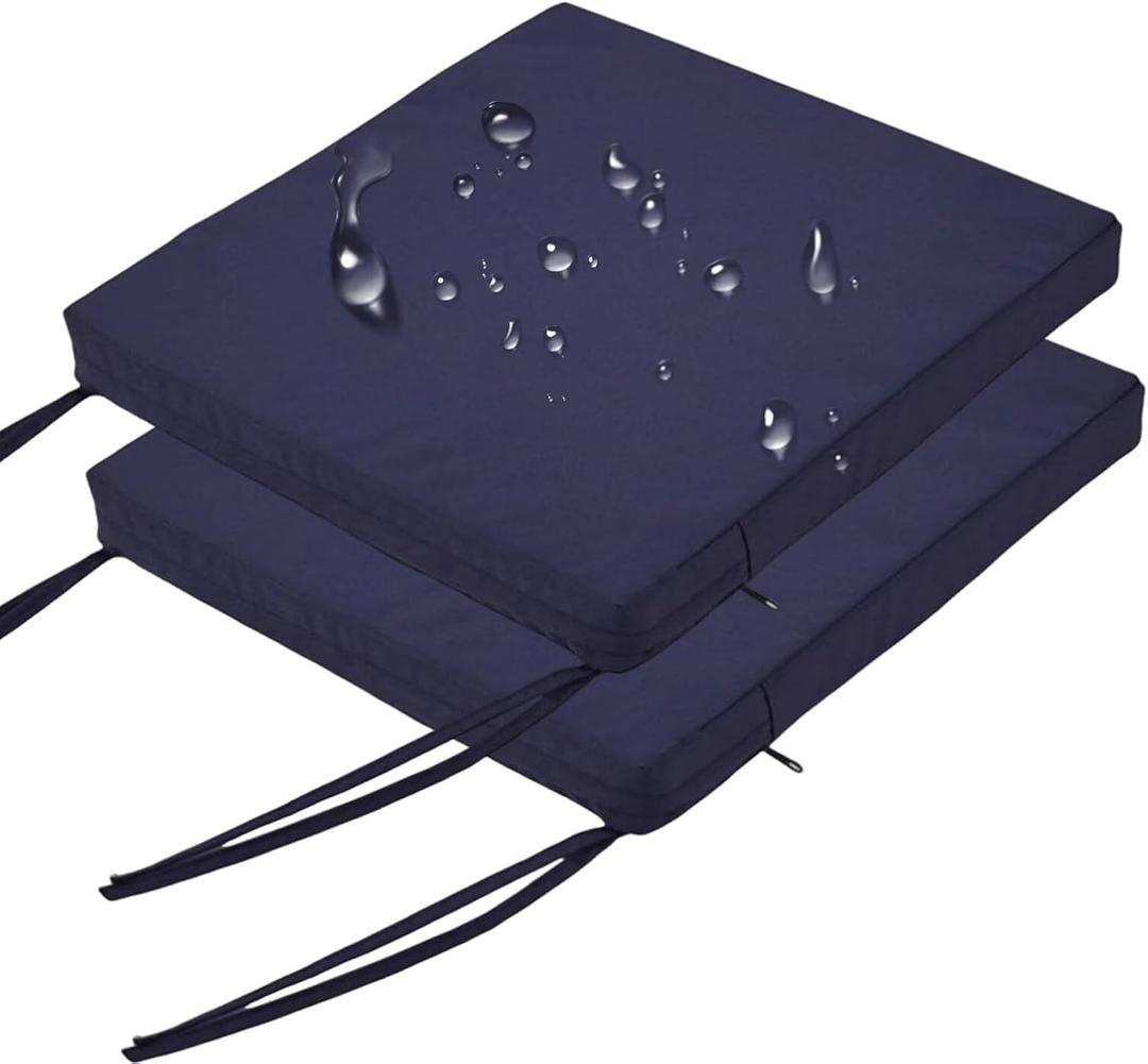 Outdoor Chair Cushions Set of 2 14x14 In, Waterproof Fade Resistant Patio Furniture Cushions, 2 In Thick Sofa Couch Seat Cushion Replacement, Square Chair Pads w/ Ties and Washable Cover, Dark Blue