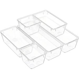 Clear Acrylic Drawer Organizer Trays, 5 Size Junk Box Organization Small Storage Container Bin for Desk Makeup Bathroom Vanity Kitchen Tool Make Up Workspace Home Dorm Apartment Office Room Nightstand
