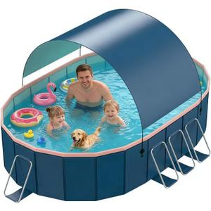 Foldable Pool with Canopy, Non-Inflatable Outdoor Swimming Pools, Hard Plastic Shell Portable Pool, Large Pools withAlloy Support, Garden, Backyard Water Party (Blue, XL:118″ × 63″ × 20.5″)