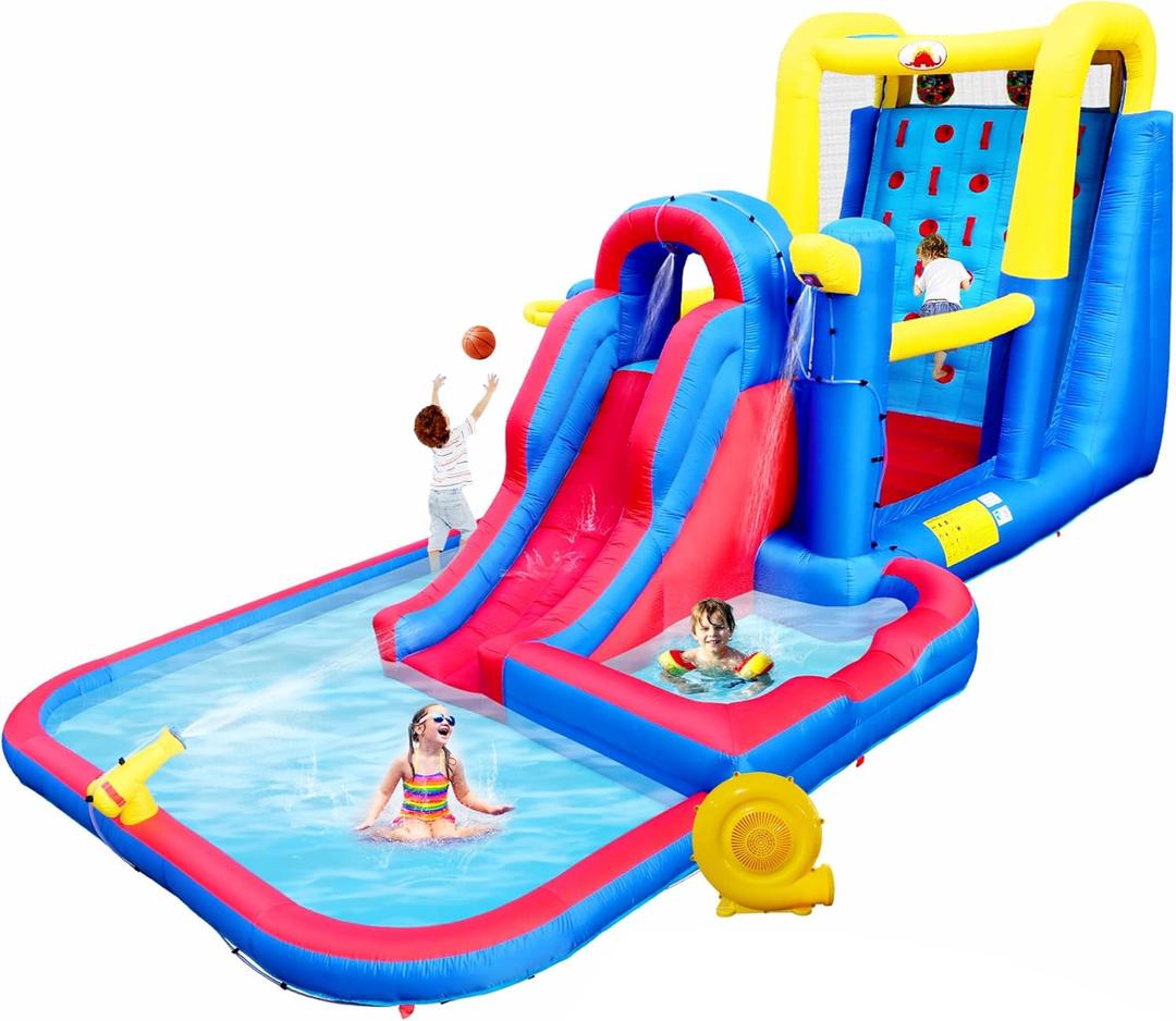 Inflatable Water Slide Park with Large Climbing Wall, 267 x 138 x 118 Inch Bounce House with Air Blower, Dual Target, Deep Pool and Basketball Rock