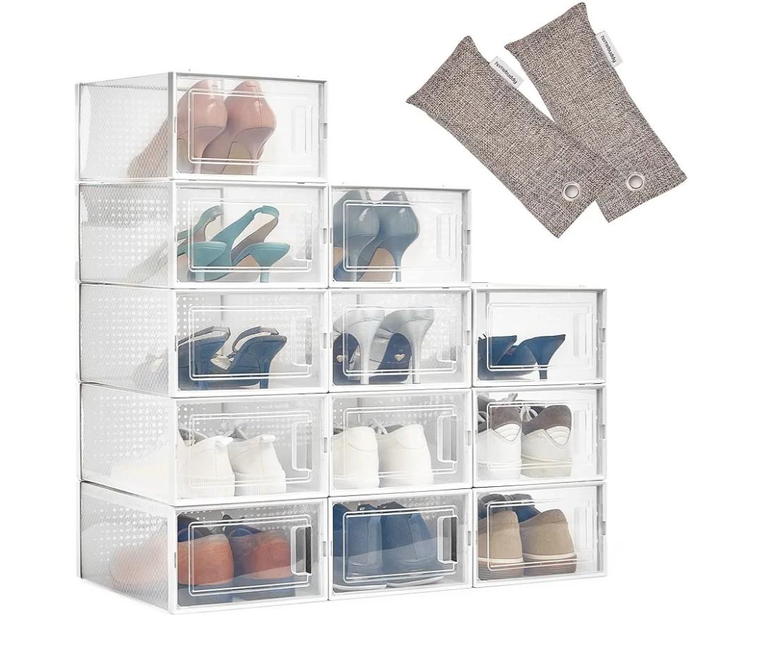 HomeBuddy Shoe Organizer for Closet - 12 Pack Shoe Boxes Clear Plastic Stackable Bins, Clear Shoe Boxes Stackable with Lids, Sneakers Storage Case, Zapateras Organizer for Shoes, Closet Shoe Organizer (White)
