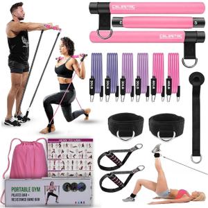 Pilates bar kit | Home Gym Exercise Equipment | Portable Pilates Reformer | Workout with Resistance Bands 20, 30, 40lbs for Women & Men Fitness Essentials (Pink)