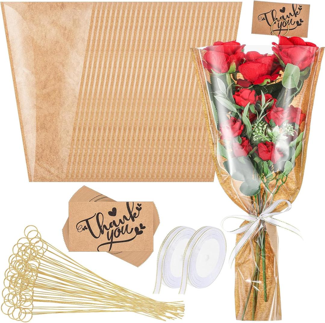 Gilprop 100 Packs 16.5'' Flower Wrapping Bags Kraft Paper Floral Packing Sleeves with Floral Card Holder Picks Ribbons and Thank You Card Bouquet Flower Wrapping Sleeves for Wedding, Birthday Gift