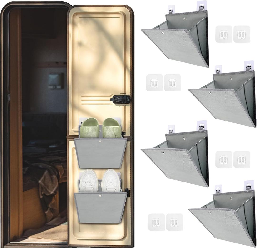 4 Pack Wall Shoe Racks, RV Shoe Rack,Space Saving Hanging Storage Bags with Deep Pockets & Metal Buckles, Holds 1 Pair per Pocket - Self-Adhesive Design for RV, Home (Grey)