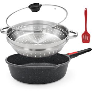 12-Inch Non Stick Frying Pan with Steamer, 5 QT Deep Saute Pan with Lid, Vegetable Steamer Cookware for Cooking, Detachable Handle, Compatible with All Stoves, Oven Safe, PFOA Free, Black