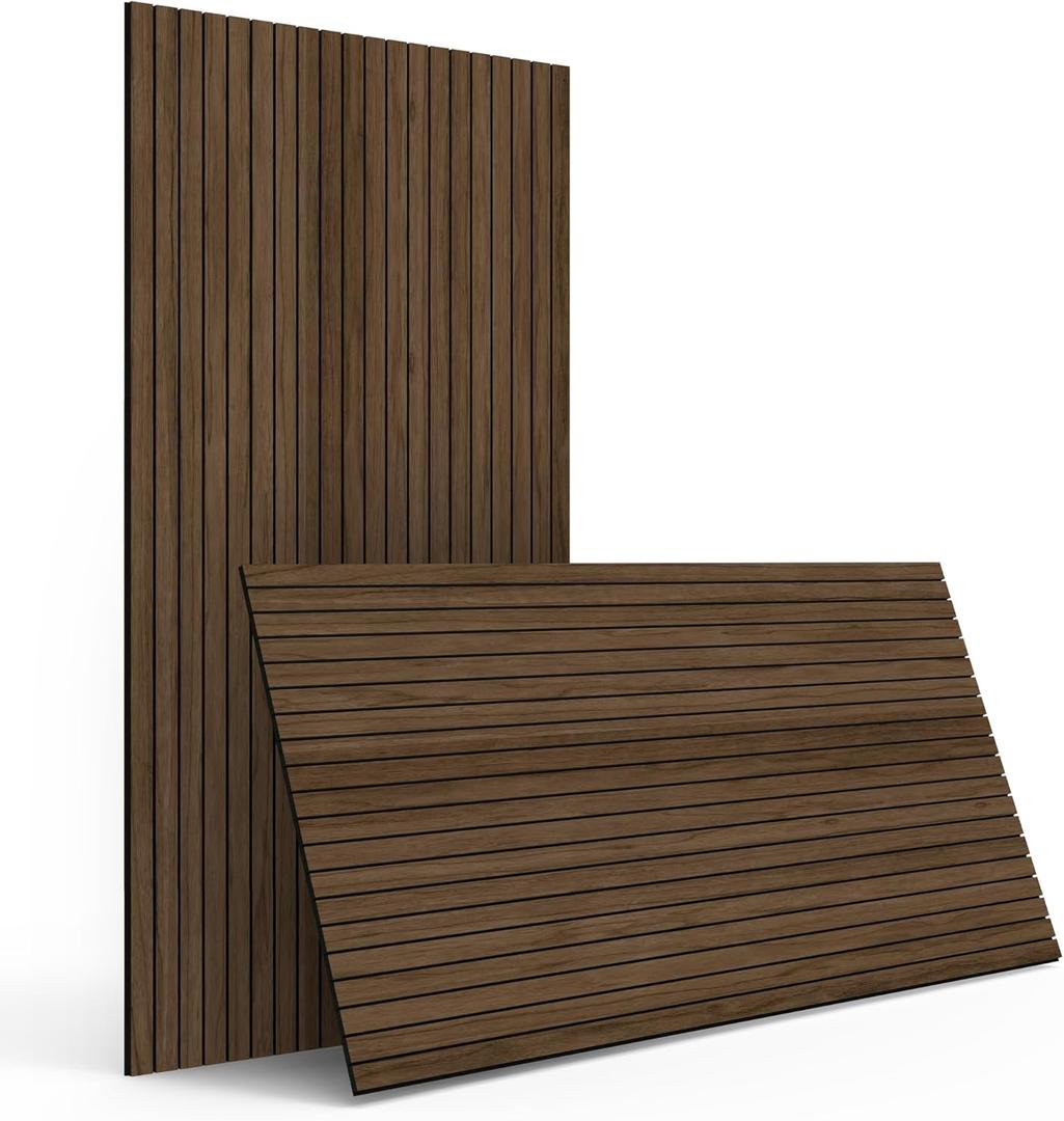 4-Piece Wood Slat Wall Panel for Interior Wall Decor Noise Cancelling 47.2" x 23.6" Peel and Stick Acoustic Decorative 3D Sound Absorbing Wall Paneling, Walnut