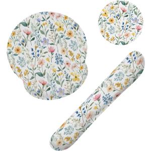 Wildflowers Leaves Mouse Pad with Wrist Rest and Keyboard Wrist Rest Set, Spring Colorful Flowers Non-Slip Rubber Base Memory Foam Mouse Pad Set for Women, Office Desk Accessories, Gaming