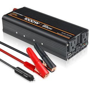 1000W Power Inverter, Inverter 12V to 110V with 2 AC Outlets, 2.1A USB Port, Car Power Inverter with Alligator Battery Clamp for Phone, Laptop on Camping, Road Trip