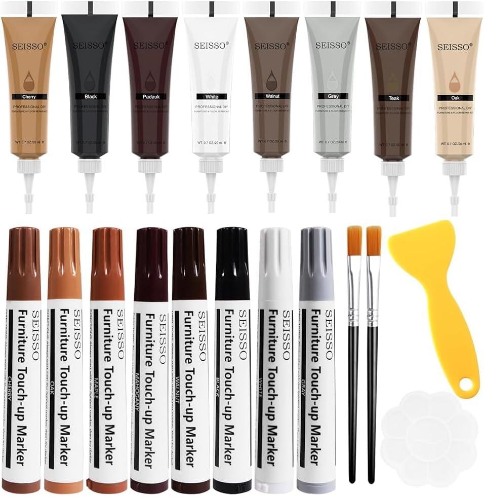 SEISSO Wood Furniture Repair Kit- 8 Colors Wood Fillers and Touch Up Markers, New Upgrade Wood Repair Kit, Wood Markers for Scratches Stains- Restore Wooden Table, Cabinet, Floors, Door, 20 Sets