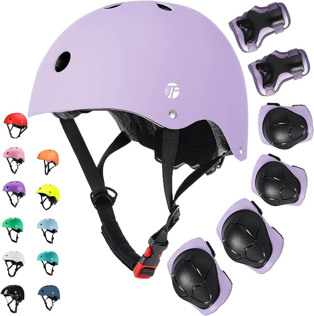 Adjustable Kids Toddler Helmet with Knee Pads,Elbow Pads & Wrist Guards,Bike Helmet for Ages 3-5,5-8,8-14,Boys & Girls Helmets and Pads Set for Skateboard,Skating,Biking,Cycling (Medium, Light purple)