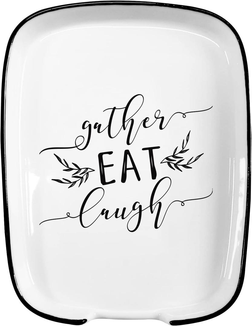 Ceramic Spoon Rest for Stove Top, Funny Gather Eat Laugh White Spoon Holders for Kitchen Counter, Modern Farmhouse Kitchen Cute Decor