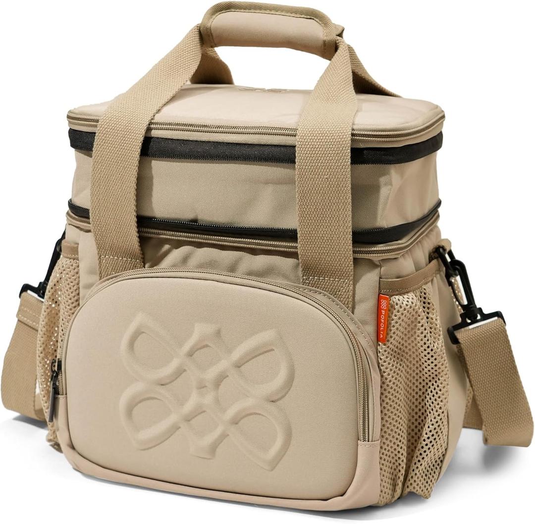 Dual Compartment Lunch Bag, 12L Insulated Leakproof Lunch Box, 13 Can Capacity (Oatmeal Beige)