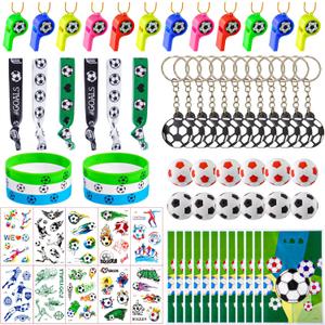 Soccer Party Favors Supplies Set With 80PCS Soccer Theme Birthday Party Decorations Gift Toy Stickers Eraser Silicone Wristbands Soccer Ball Keychains Whistle Prefect for Football Party Gifts Bags