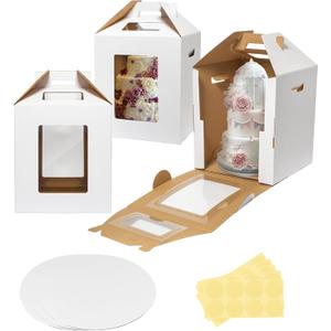3 Pack Tall Cake Boxes 14x14x16 Inches with Cake Board - Large Disposable Layer Baking Carrier Tier Bakery Take Out Transport Containers With Window for Wedding, Birthday, Party White