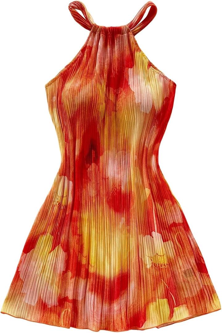Floerns Women's Flower Print Halter Dress Sleeveless Pleated Boho Mini Dresses (Large, Orange Multi)