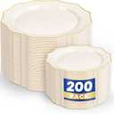 WDF 200PCS Ivory Plastic Plates with Gold Rim - Cream Plastic Plates - Include 100 Dinner & 100 Dessert Fancy Disposable Plate for Party - Heavy Duty Plate for Wedding/Baby Shower/Spring