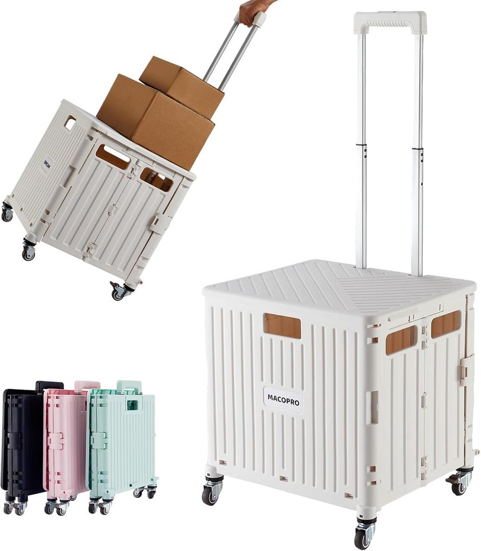 Foldable Utility Cart Folding Portable Rolling Crate Handcart with Durable Heavy Duty Plastic Telescoping Handle Collapsible 4 Rotate Wheels for Travel, Shopping, Luggage, Office, Teacher, (White)