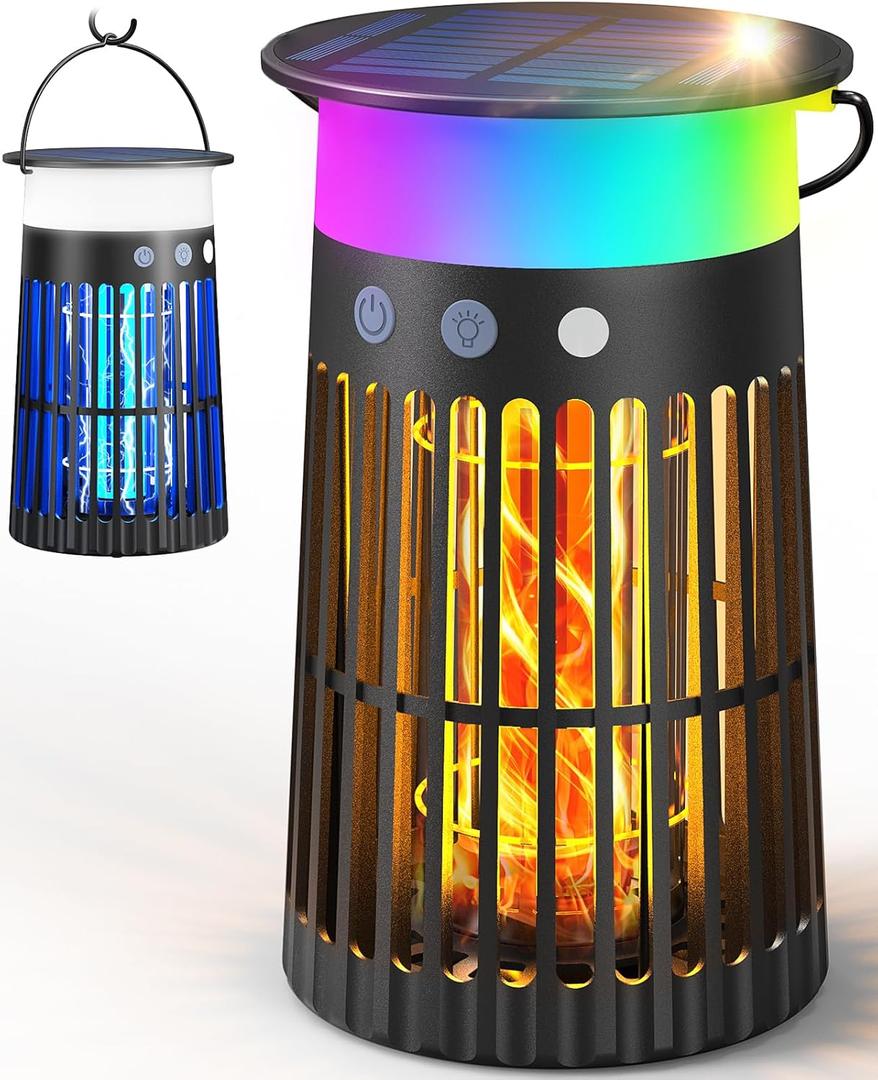 Solar Bug Zapper Outdoor Waterproof, 4 in 1 Solar Mosquito Zapper Outdoor, Cordless Solar Fly Zapper with RGB, Flame Light and LED Camping Lantern (Black)