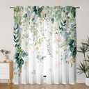 Gold Green Curtains 84 Inches Long Sage Green Leaves Light Filtering Curtain White Floral Drapes for Living Room Farmhouse Leaf Retro Elegant Window Curtains for Bedroom 2 Panels