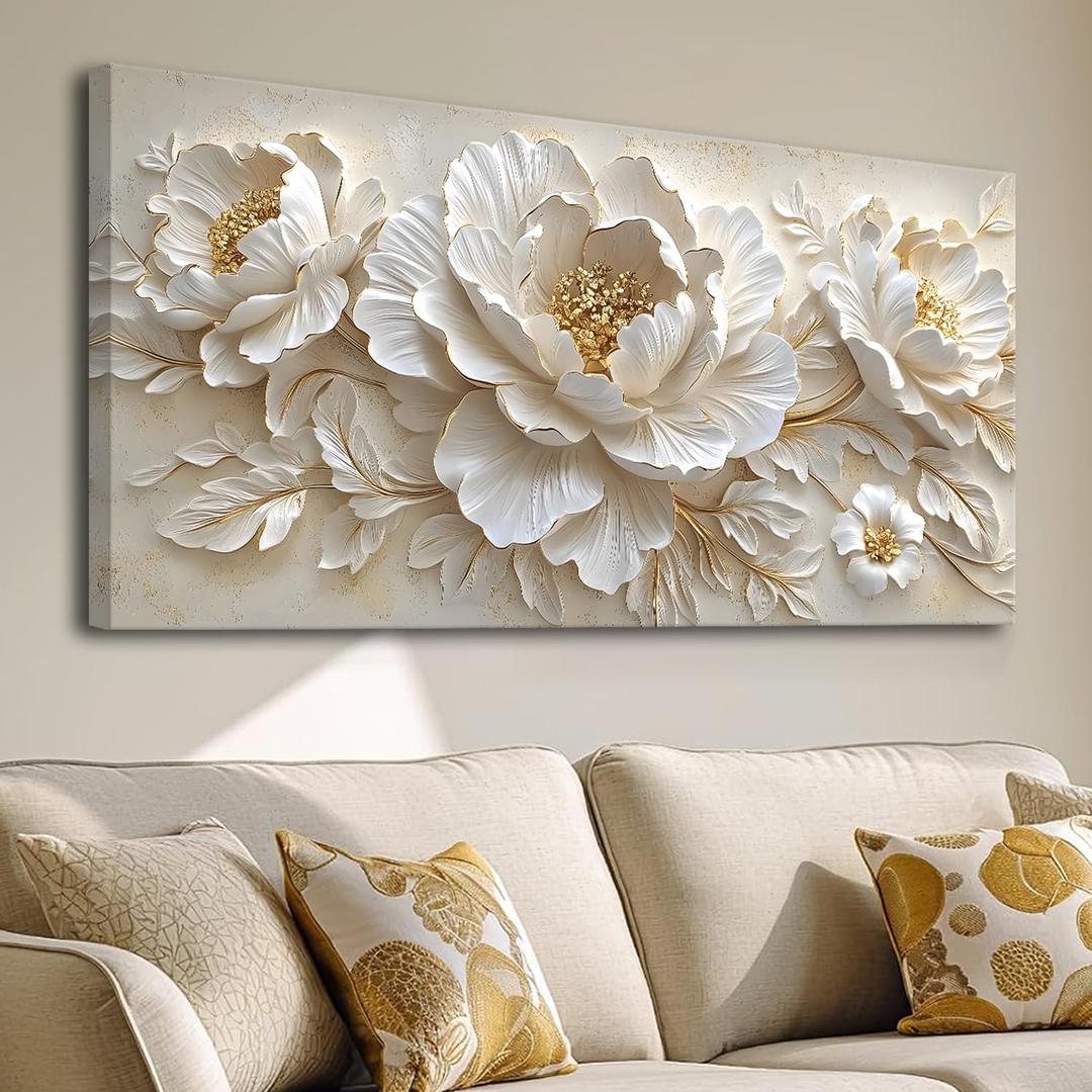 Large scale Flower canvas wall art Mural White Flower Gold stamen Abstract Decorative Painting Modern Nordic Plant Flower Poster Printing Living Room Dining Room Bedroom Office Corridor Home Decoration, 29x58 inches