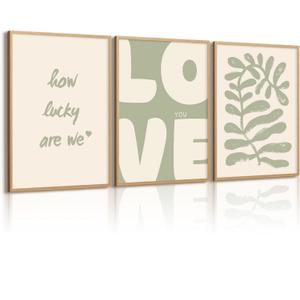 Ylmekx Sage Green Botanical Wall Art Boho Minimalist Canvas Wall Decor Modern Love Pictures Abstract Poster Neutral Prints Sage Green Artwork 12x16 Inch Unframed for Living Room Bedroom Set of 3