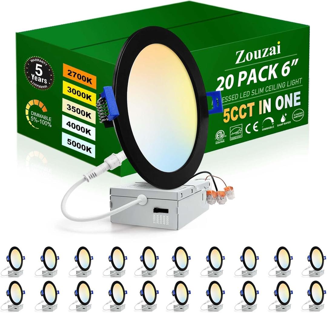 zouzai 20 Pack 6 Inch Black Ultra-Thin LED Recessed Ceiling Light with Junction Box 5CCT Adjustable Dimmable Can-Killer Downlight - ETL and Energy Star Certified, 5CCT-Black