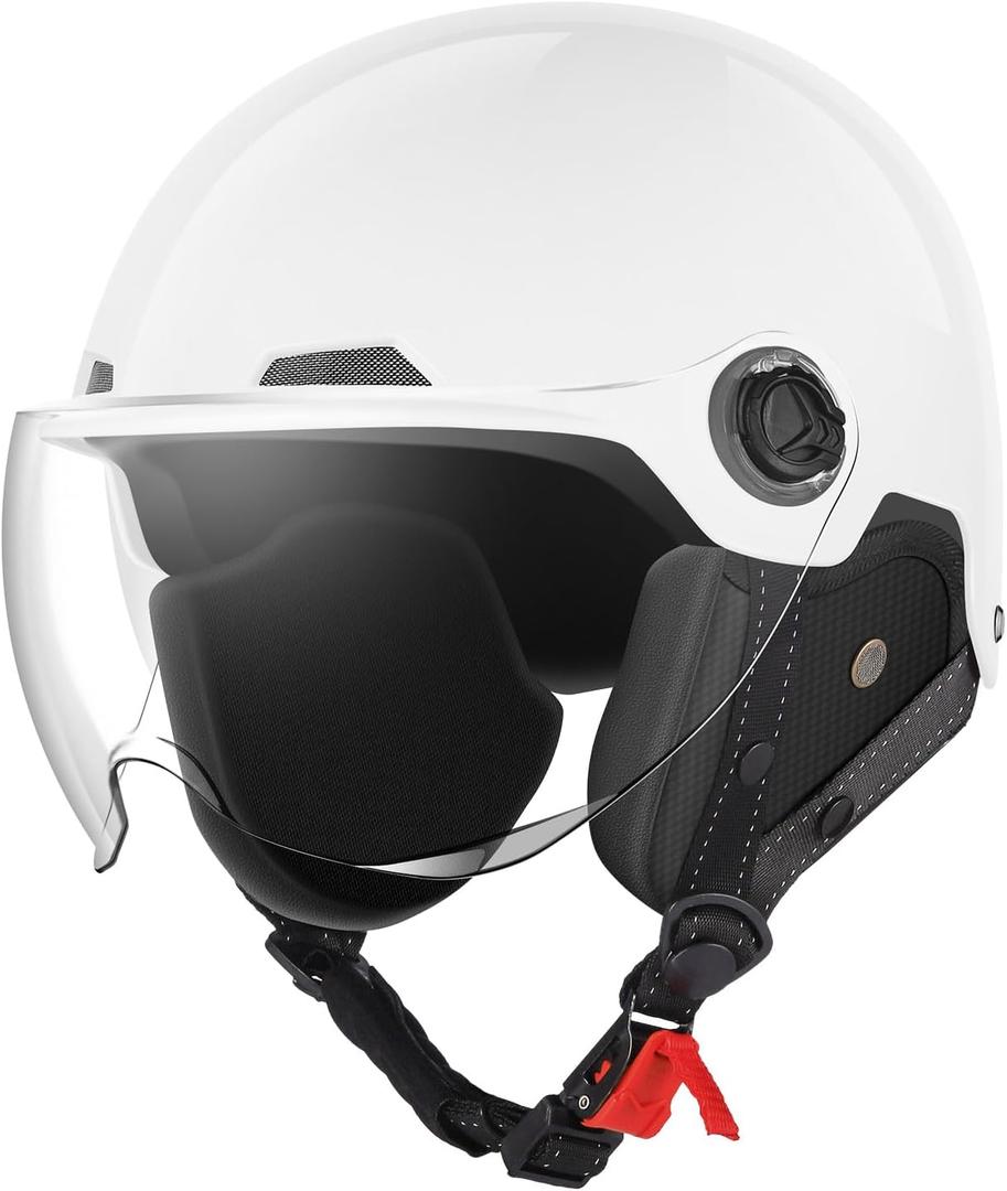 Motorcycle Helmets DOT Certified, German Style Half Helmet Electric Bike Scooter with Windshield Glasses Cool Retro Helmet for Men and Women (White, M)