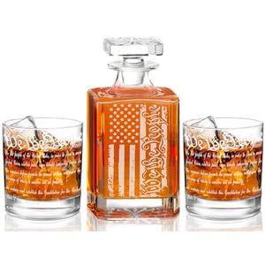 Whiskey Decanter Engraved We The People American Flag Decanter Set with 2 Glasses for Liquor Scotch Bourbon or Wine, Father's Day Patriotic Gift
