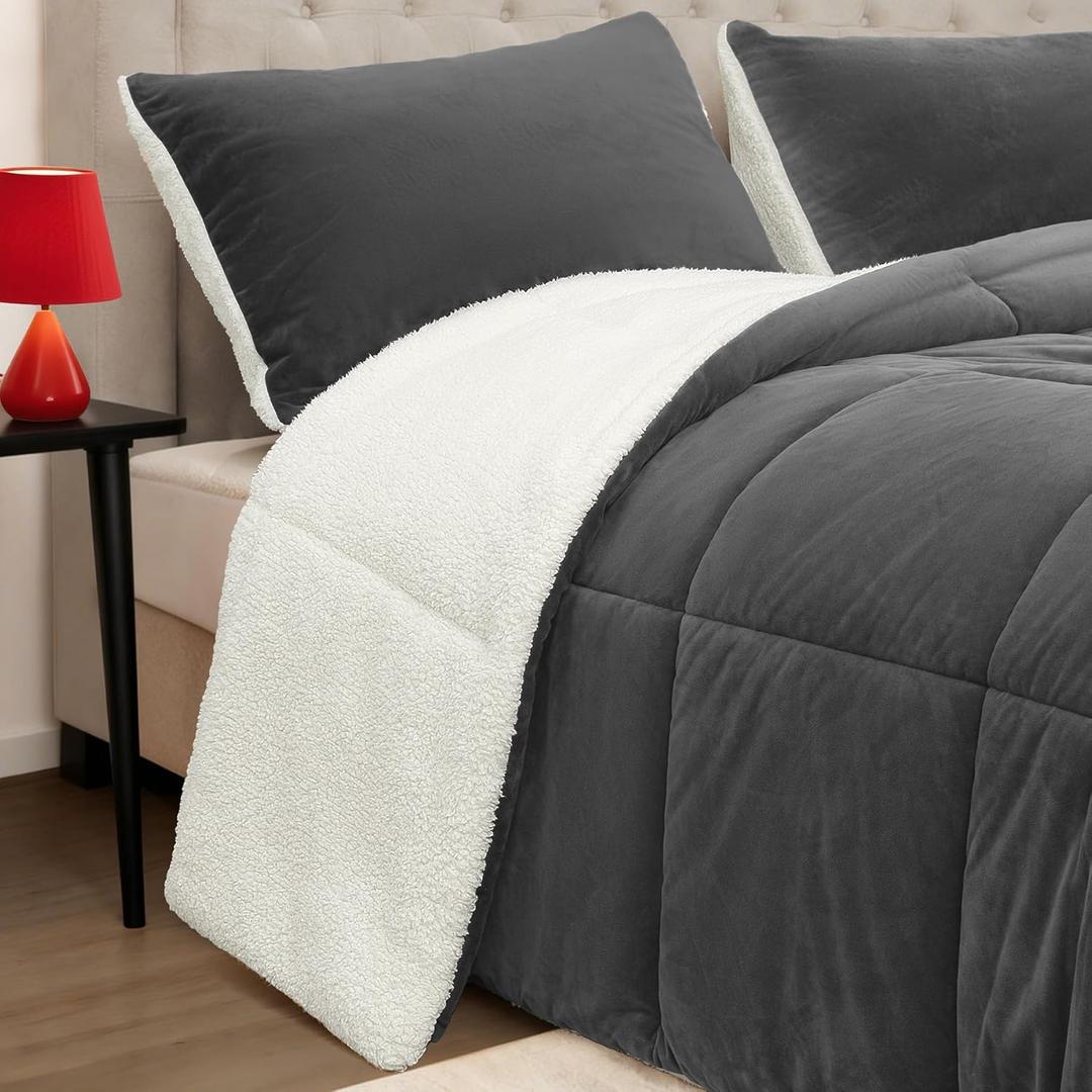 Fluffy Sherpa Queen Comforter Set 3 Pieces,Thick Reversible Down Alternative Fleece Comforter & 2 Pillow Shams,Soft Micromink Winter Warm Plush Bedding Comforter Sets Washable(Charcoal,Queen)