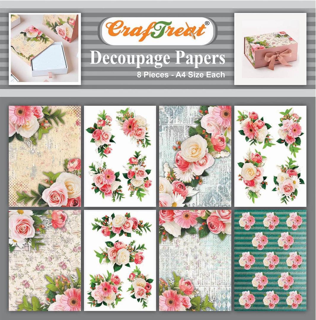 CrafTreat Rose decoupage Paper for Crafts - Romantic Flowers - Size: A4 (8.3 x 11.7 Inch) 8 Pcs - Decorative Paper for decoupage - Floral decoupage Paper for Furniture, Wood and Scrapbooking