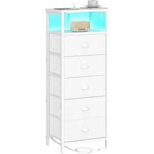 sthmec Nightstand with Charging Station,LED White Nightstands with 5 Fabric Drawers PU Finish, Bedside End Tables, 2-Tier Open Storage Shelf Side Table Nightstand with Drawers for Bedroom,White