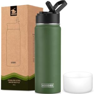 koodee Water Bottle for School 26 oz Stainless Steel Vacuum Insulated Sports Water Bottle for Boys, Reusable Metal Water Bottle with Leak Proof Straw Lid (Grass Green)