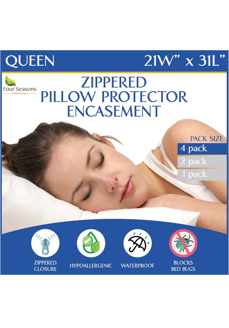 Queen Size Waterproof Pillow Protectors (Set of 4) – Zippered Allergy Pillowcase Cover Dust Proof Encasement