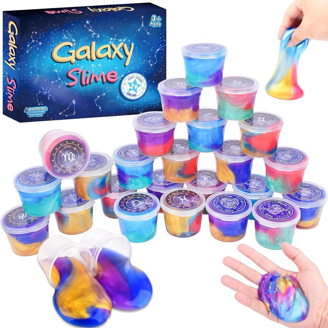 24 Pack Galaxy Slime Kit, Galaxy Slime Cup Party Favors for Girls Boys, 12 Constellations Series Mini Slime Bulk, Wet, Non-Sticky, Stress Relief Toy, Classroom Rewards, Goodie Bag Stuffers for Kids
