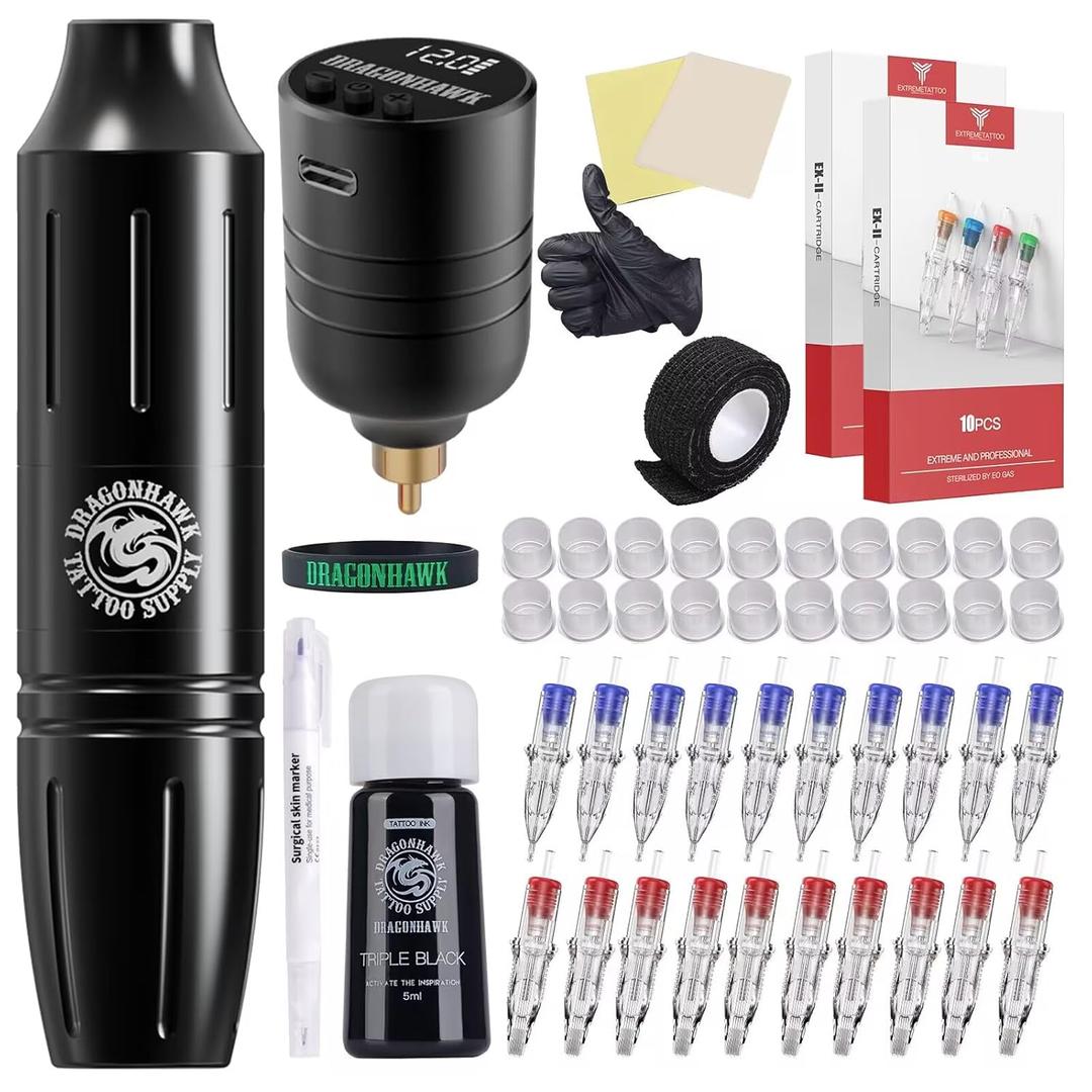 Dragonhawk Tattoo Gun Kit Wireless Tattoo Machine Beginner Tattoo Kit Complete Tattoo Pen Kit Pro Cartridges Tattoo Supplies W085D (Tattoo Kit -1)