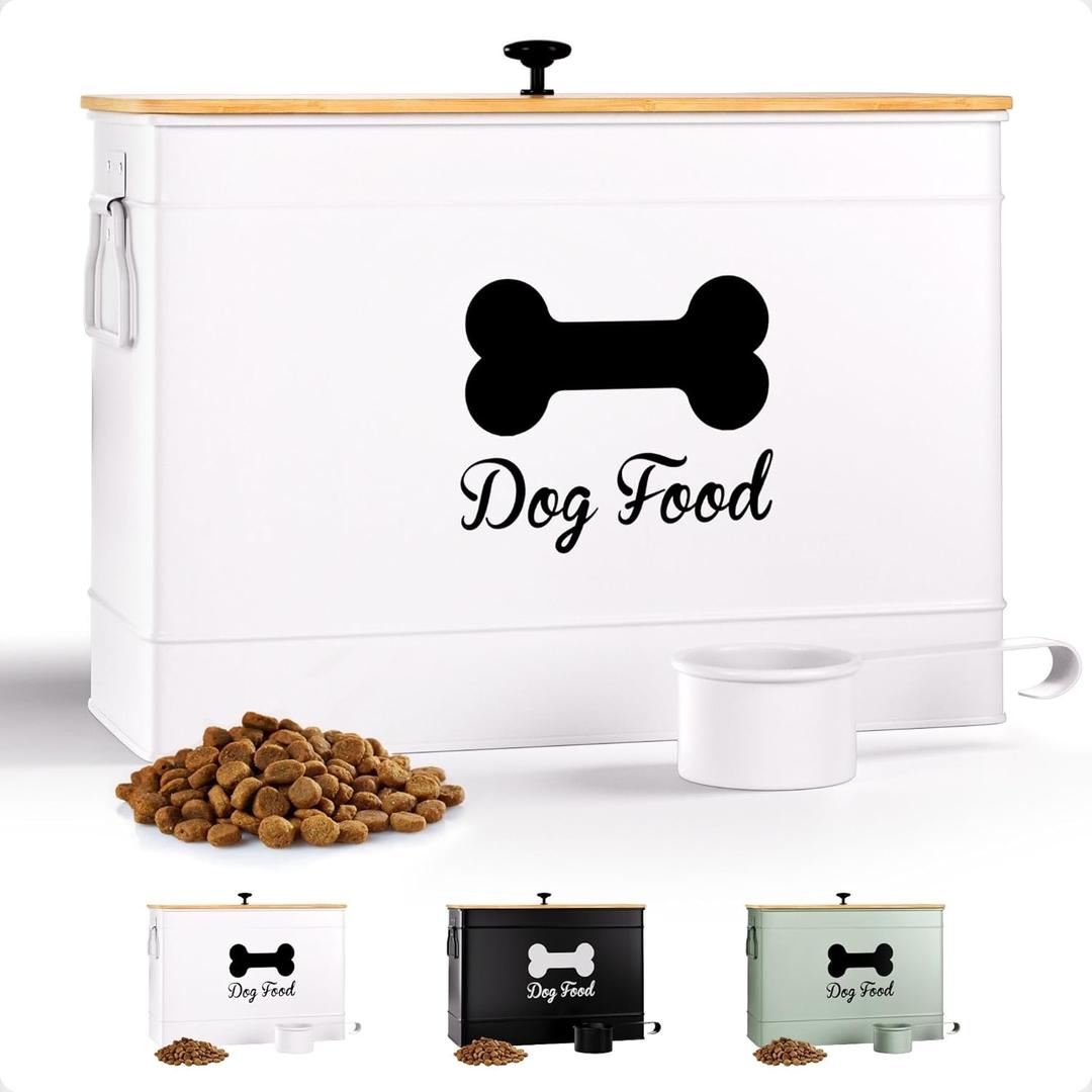 Dog Food Container Airtight 15 lb (50 Cup) Capacity with Metal Scoop - Cute Airtight Dog Food Storage Container with Bamboo Lid - White Metal Kibble Storage Bin for Dogs up to 100 lbs - Big Pet Jar