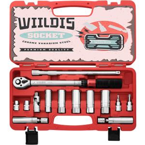 WIILDIS 14 PCS 3/8 Inch Drive Spark Plug Socket Set with Click Torque Wrench5-45 Lb.ft/6.8-61.2 Nm, Magnetic Swivel Sockets, Universal Joint, Extension Bar, Cr-V Steel